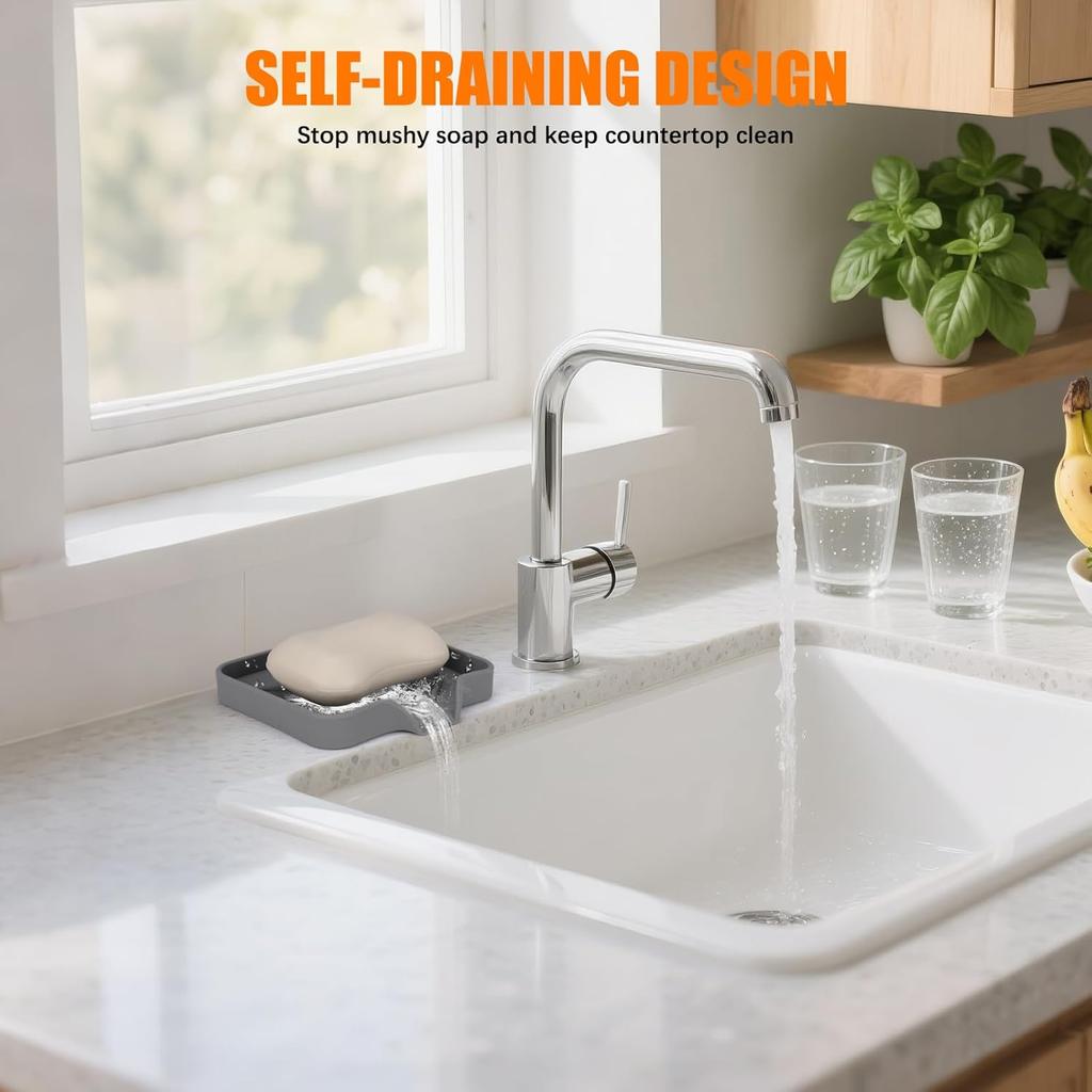 Silicone Soap Dish for Shower with Self Draining, 2 Pack Soap Holder for Bathroom, Silicone Sponge Holder for Kitchen Sink, Soap Tray for Dispenser,
