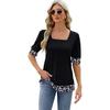 Spring Summer Women's T-Shirt Square Neck Printed Color Clash Bubble Sleeve Slit T-Shirt Top