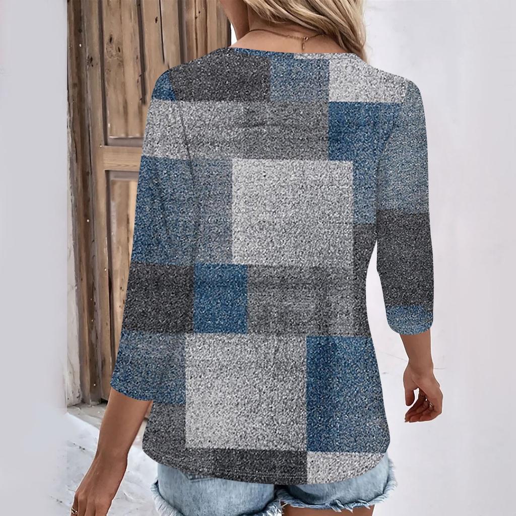 Женские повседневные футболки с рукавом 3/4 для выходных с V-образным вырезом и принтом, свободные плиссированные футболки, женская блузка