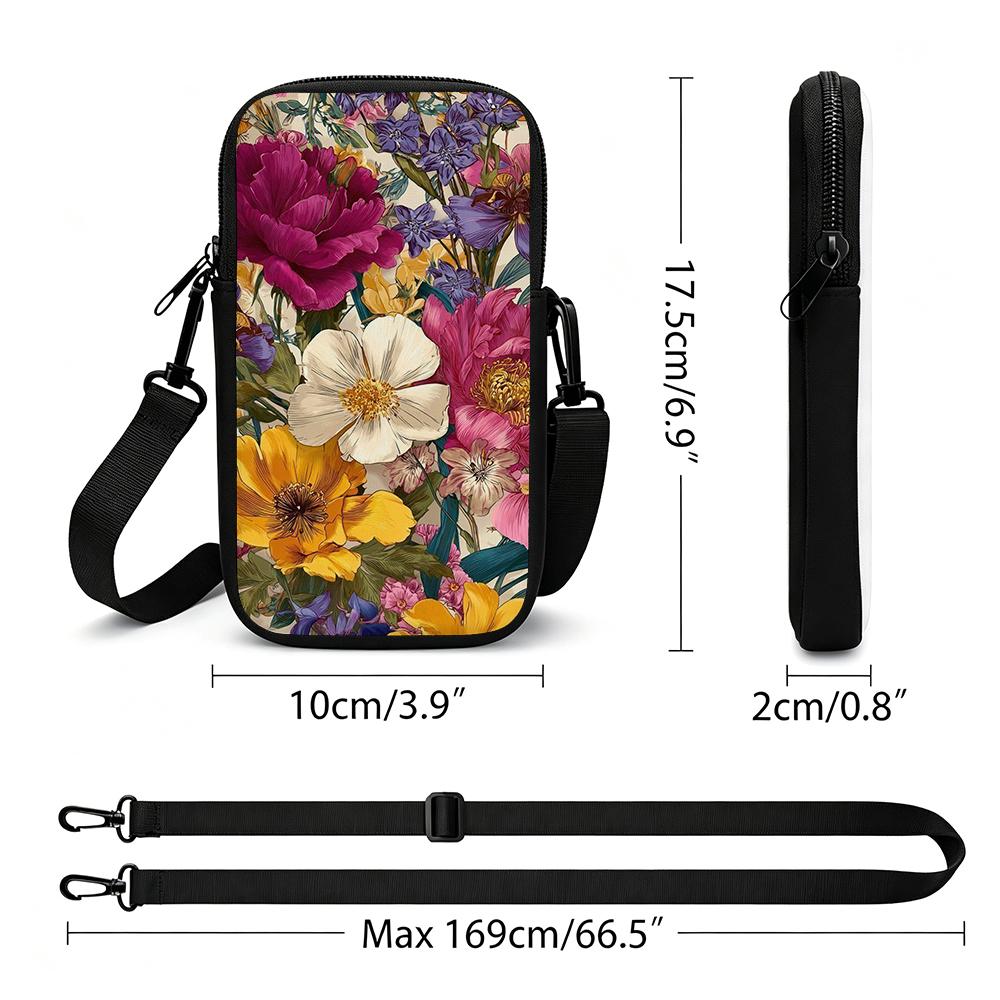 2D-Vintage Botanical Peony Poppy Iris Floral Pattern Rich Lush Dense Painterly Garden Bloom Print Adjustable Removable Strap Crossbody Phone Bag