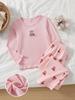 Girls Ribbed Pajama Set, Cute Bear Print Long Sleeve Top & Pants, Soft Breathable Sleepwear, 4-8Y Kids Girls Loungewear For Nightwear And Daily Wear