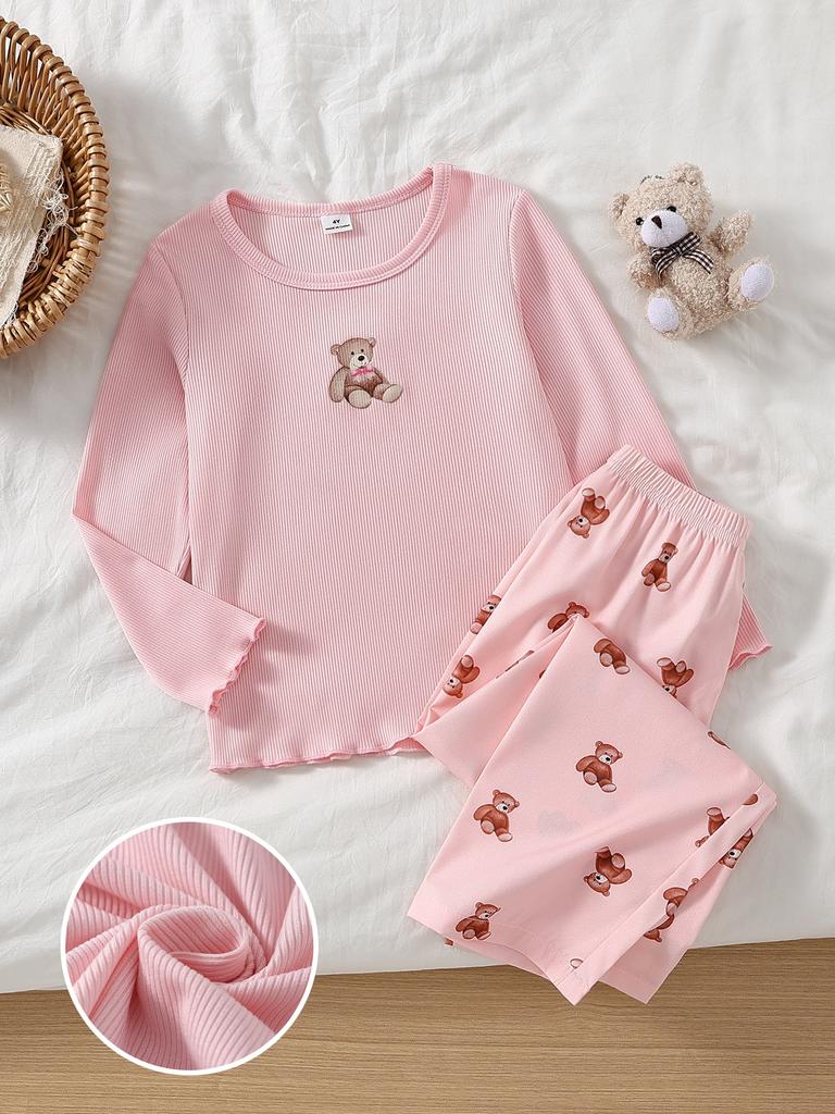 Girls Ribbed Pajama Set, Cute Bear Print Long Sleeve Top & Pants, Soft Breathable Sleepwear, 4-8Y Kids Girls Loungewear For Nightwear And Daily Wear
