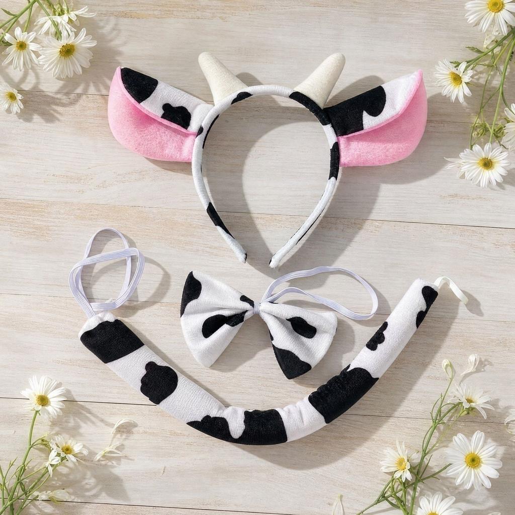 Cow Costume Accessories Set Headband with Horns Tie and Tail for Halloween Cosplay