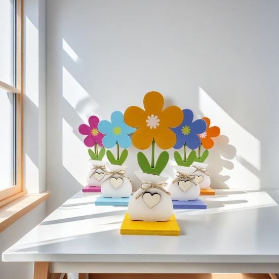 5Pcs/Set Wooden Flower Ornament with Base Boho Farmhouse Rustic 3D Colorful Flower Wood Table Sign Centerpiece Home Office Desktop Decoration