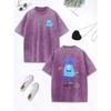 Cute Blue Plush Little Monster Cotton Washed T-Shirt Women Oversize Tops O-Neck Comfortable Distressed T Shirts Clothes