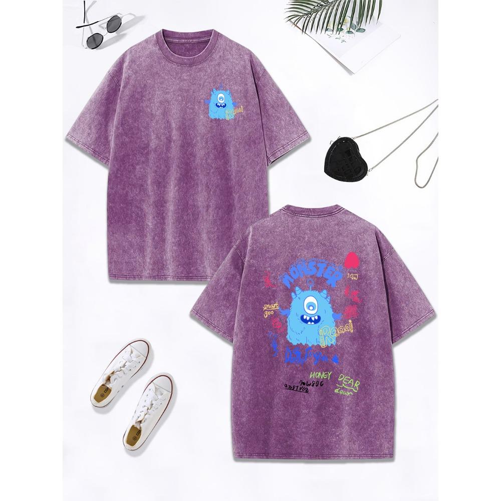 Cute Blue Plush Little Monster Cotton Washed T-Shirt Women Oversize Tops O-Neck Comfortable Distressed T Shirts Clothes