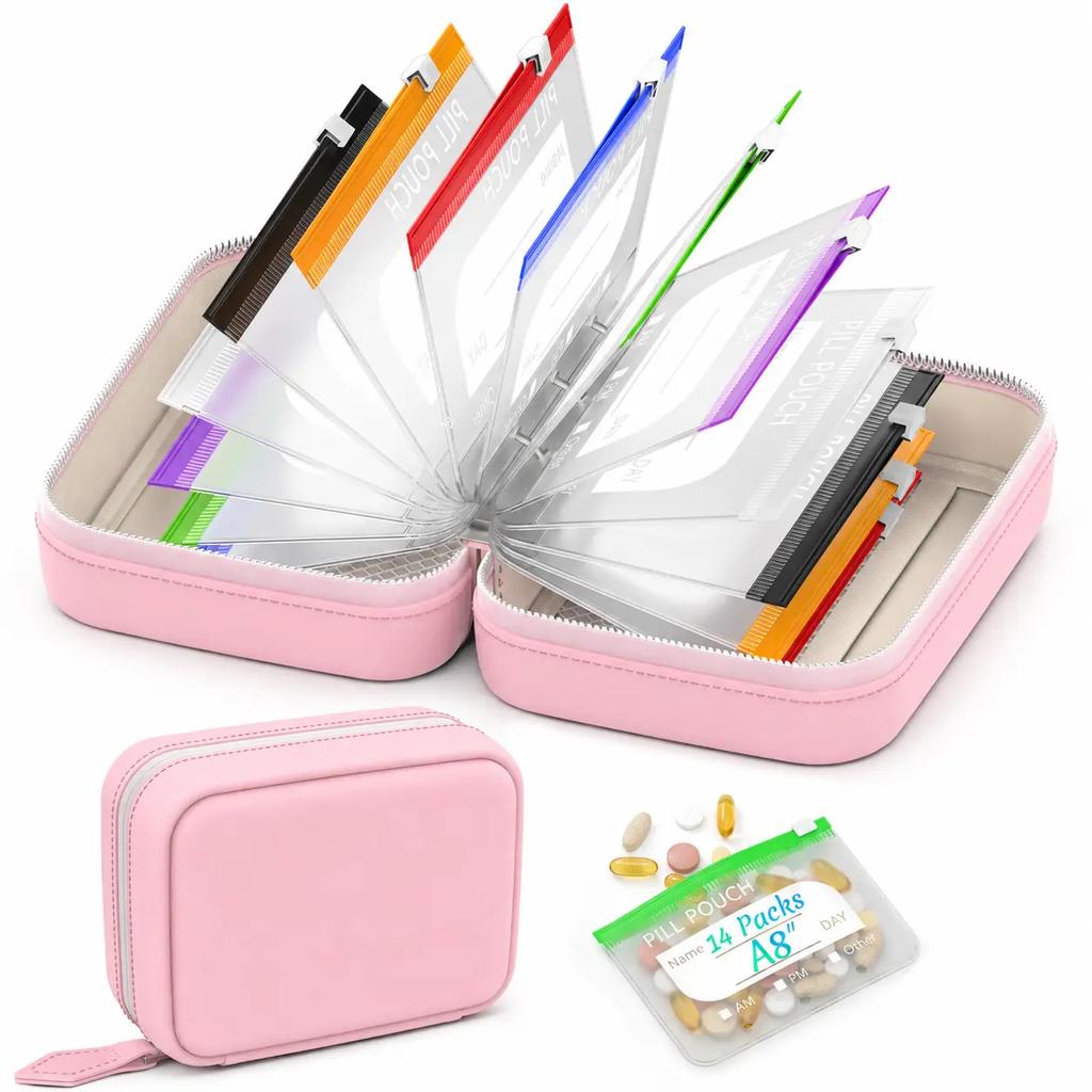 A8 Waterproof Pill Organizer Set, Twice-Daily Large Pill Organizer for Seven Days, Pill Storage with 14 Color-Coded Pouches,
