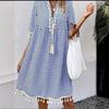 Women's Summer New Printed V Neck Fringe Five Quarter Sleeve Dress