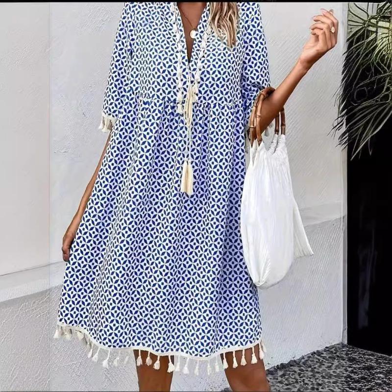 Women's Summer New Printed V Neck Fringe Five Quarter Sleeve Dress