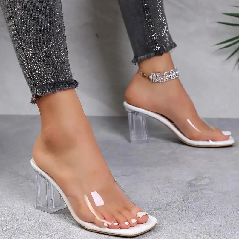 Fashion Elegant Transparent Pvc Clear High Heels Slippers Women 2025 Summer Square Toe Crystal Sandals Women Sexy Slip On Party Shoes