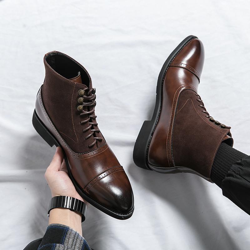 New Mens Fashion Leather Boots Classic for Men Motorcycle Boots Male Pointed Toe Comfortable Walking Shoe Lace-Up Men's Boots