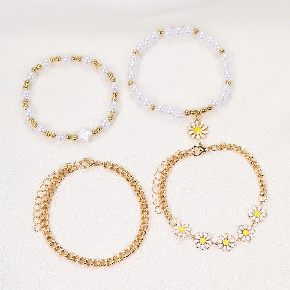 4PC Fashion Daisy Bracelet Imitation Zircon Beads Stainless Steel For Women Handmade Wrist Chain Accessories Zircon Gifts