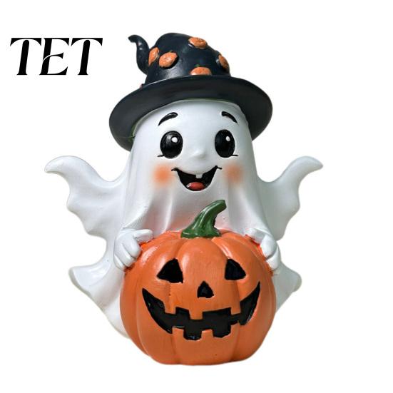 Exquisite Craftsmanship Resin Art Halloween Ghost Decoration, Holding Pumpkin Figurine with Witch Adorable Set Hat, Spooky Cute Tabletop Decor