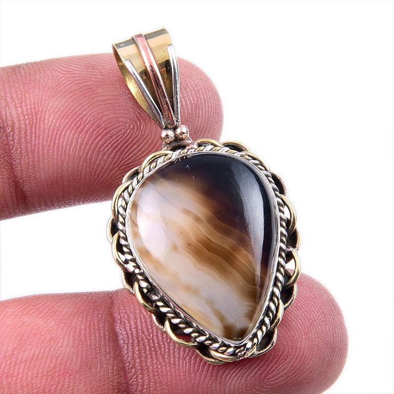 Natural Botswana Agate 925 Solid Sterling Silver Gift TwoTone Pendant 1.50" V5t89