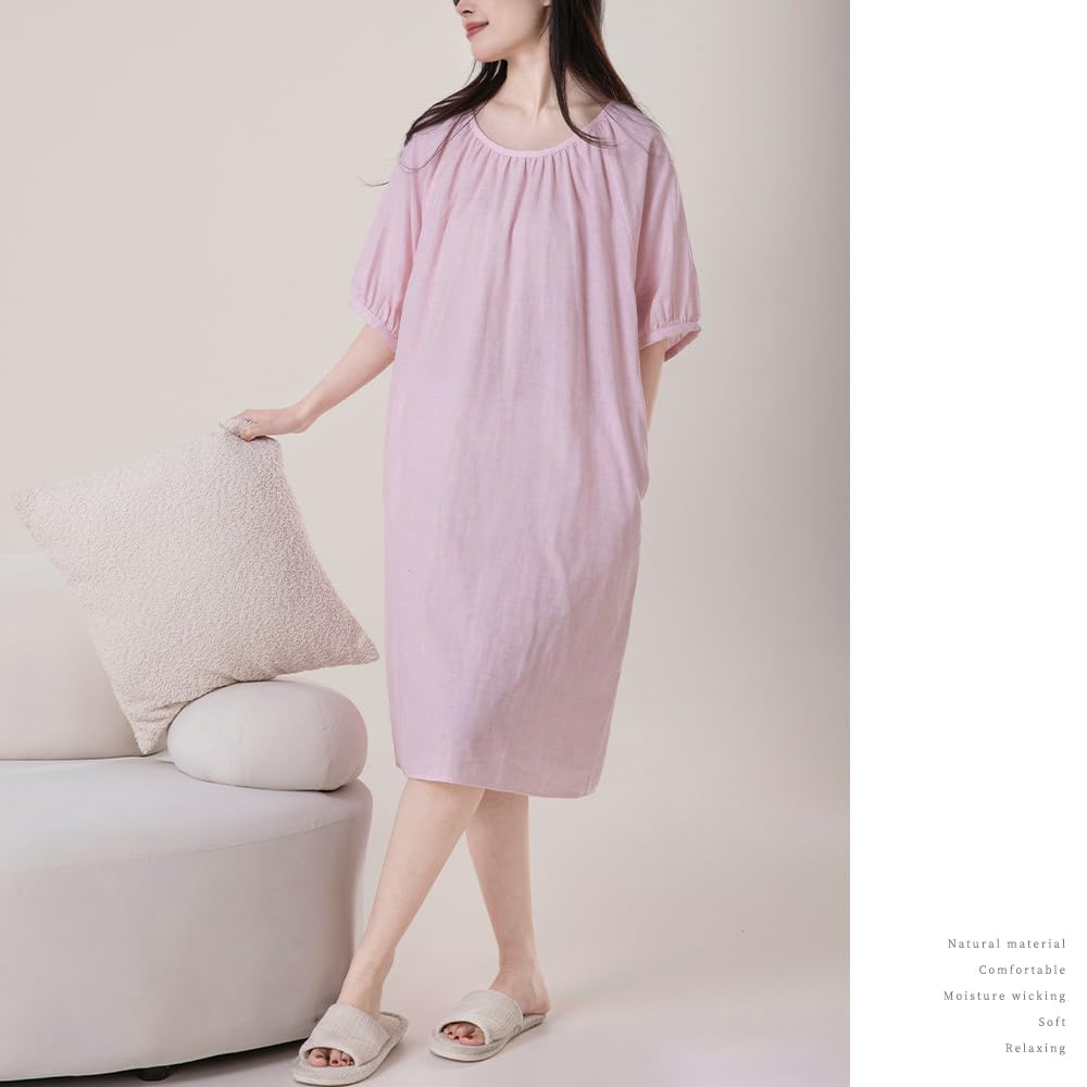 Хлопковая пижама из двойной марли размера LL [Yes family] Женское 100% платье, длиной до колена, летнее, подчеркивающее фигуру, стильное, розовое,