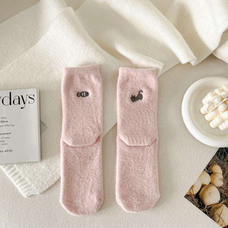 Cute AB Asymmetrical Embroidered Cartoon Women's Socks for Autumn and Winter, Australian Fleece Sleep Thickened Floor Socks