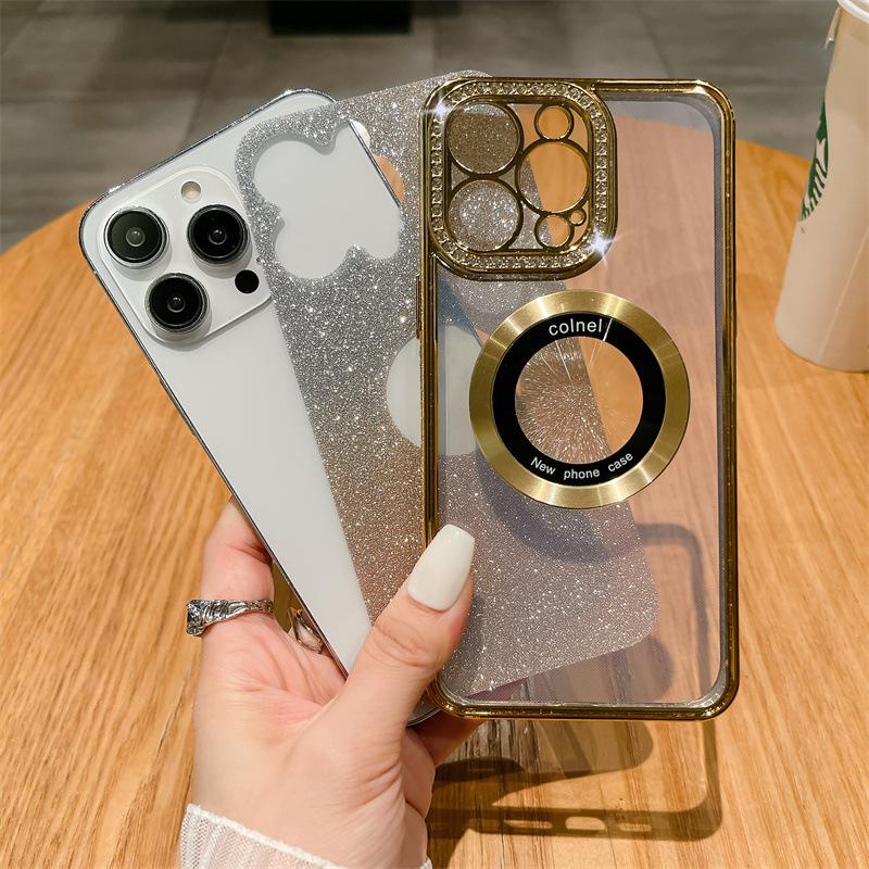 Подходит для iPhone15ProMAX, чехол для мобильного телефона, новый гальванизированный стразы, увеличительное стекло, постепенное изменение блеска, Apple 14, все включено