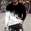 Round Neck 3D Gradient Printed Top Casual Long Sleeved Men's T-shirts - Soft Medium Stretch Polyester Fabric Spring and Autumn Relaxed Fit Clothing