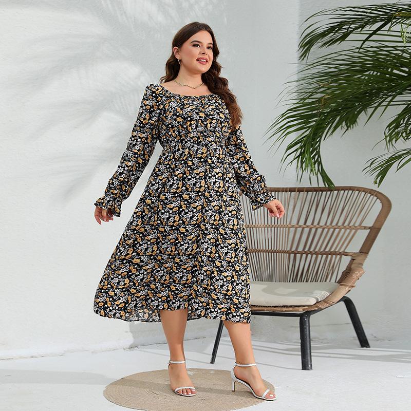 Весеннее и осеннее женское платье больших размеров, элегантные платья с цветочным принтом, длинные платья с рюшами и рукавами