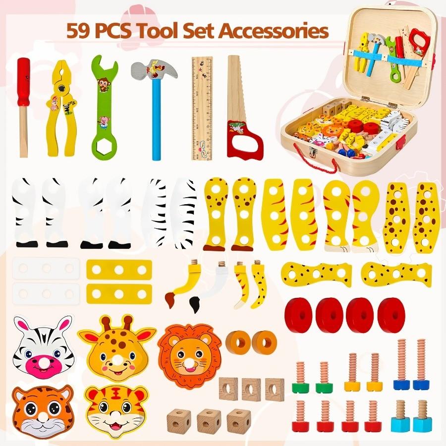 [Деревянный ящик для инструментов с животными] Детский деревянный ящик для инструментов Развивающие игрушки Гайки Винты Имитация плотника Сборка Ремонтные инструменты Креативный игровой набор