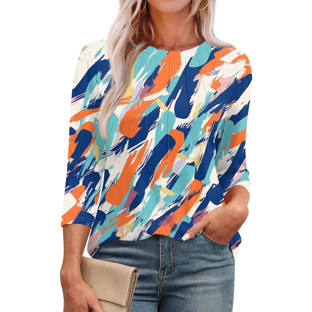 Женская модная повседневная футболка с круглым вырезом и рукавом семь четвертей в стиле ретро с принтом, плиссированная футболка