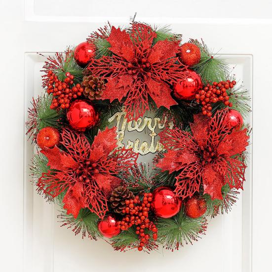 Christmas Wreath for Front Door Artificial Pine Needle Wreath with Balls Bows Flowers Merry Christmas Hanging Decor for Home Wall Window Porch Decor