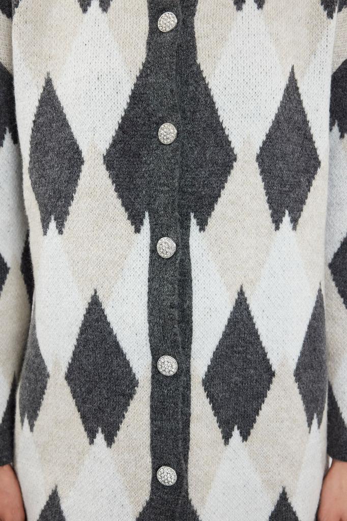 Women's Fashionable Stylish Hijab Cardigan Gray Diamond Patterned Knitwear Cardigan