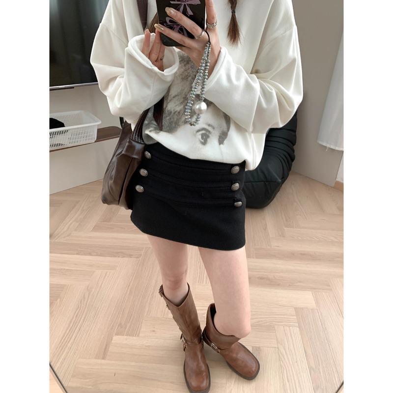 Moqie Stylish Retro Double-Breasted High-Waist Slim A-line Wool Skirt MQ1075