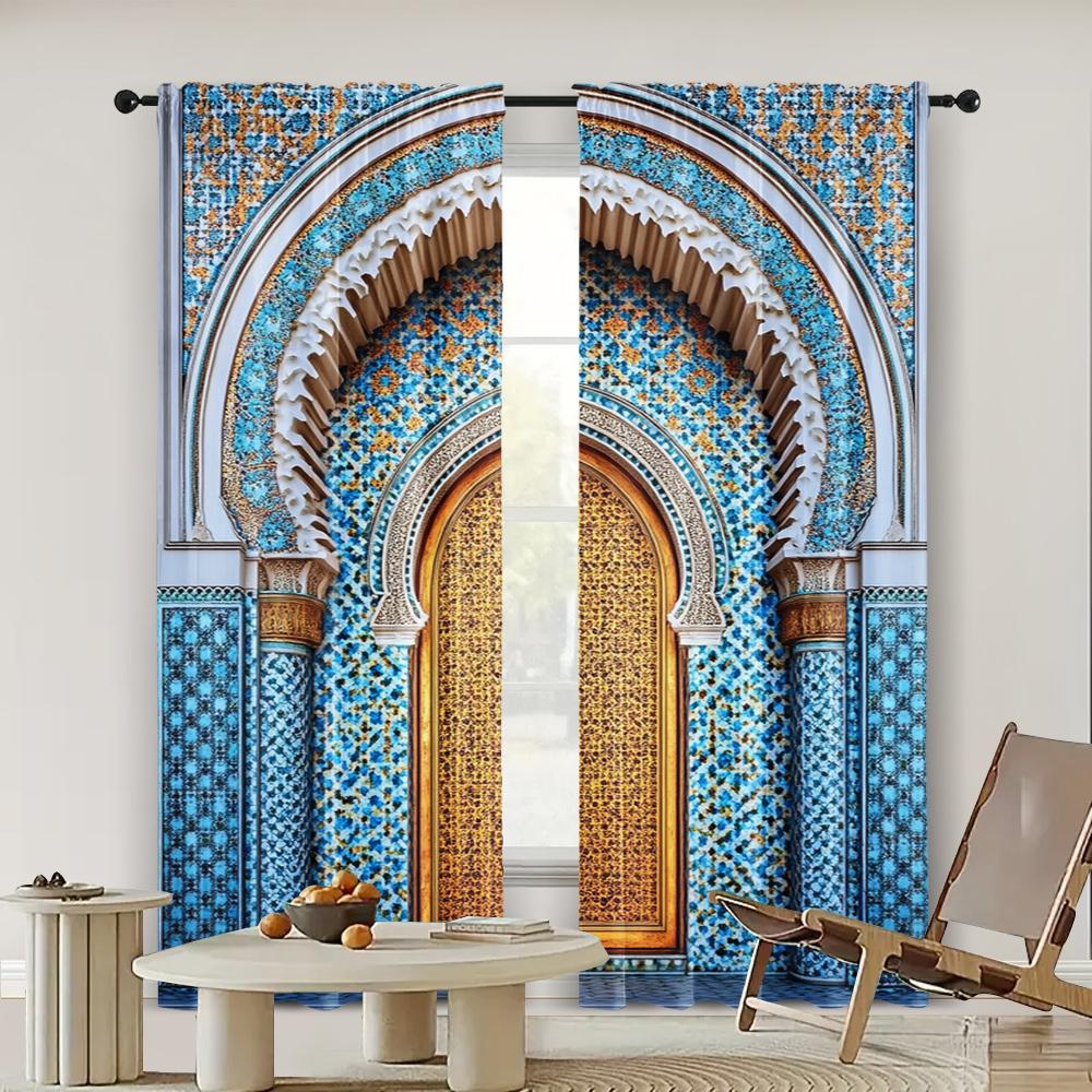 2pc, Curtain Ancient Morocco Palace Door Print Durable Polyester,Without Electricity Versatile Suitable for Multipurpose Event