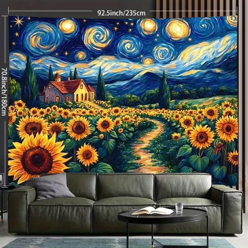 2D Van Gogh Inspired Starry Sky Sunflower Tapestry for Boho & Artistic Home Decoration