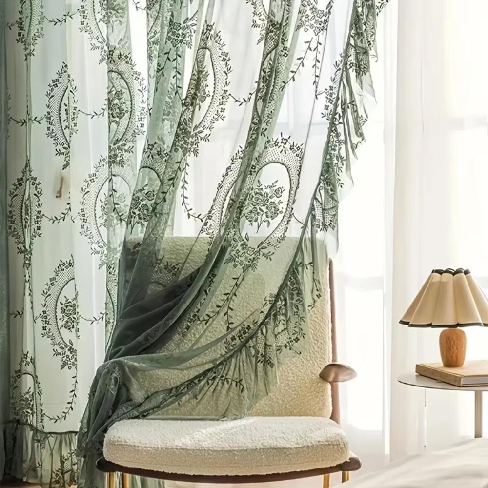 2 Pcs Retro Gauze Curtain Ruffled Edge Voile Curtain Home Decor French Lace Floral Curtain  Bedroom