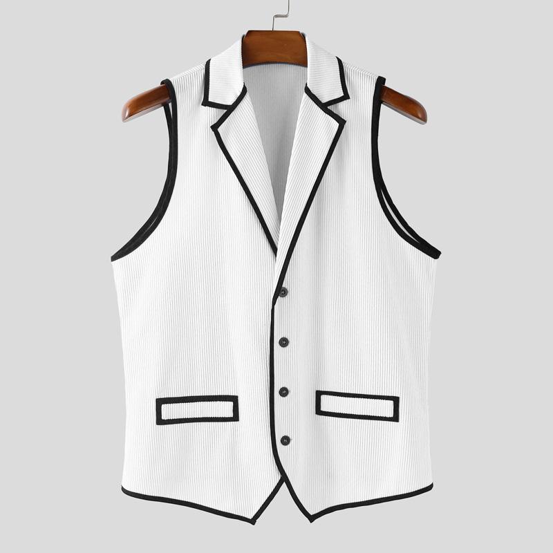 INCERUN Men Lapel Sleeveless Stitching Slim Waist Buttons Up Rib Vest Waistcoat