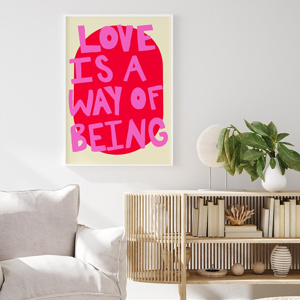 Love Is A Way Of Being Text Quote Posters Vivid Soft Pink White Canvas Painting Modern Maximalist Picture Living Room Home Decor