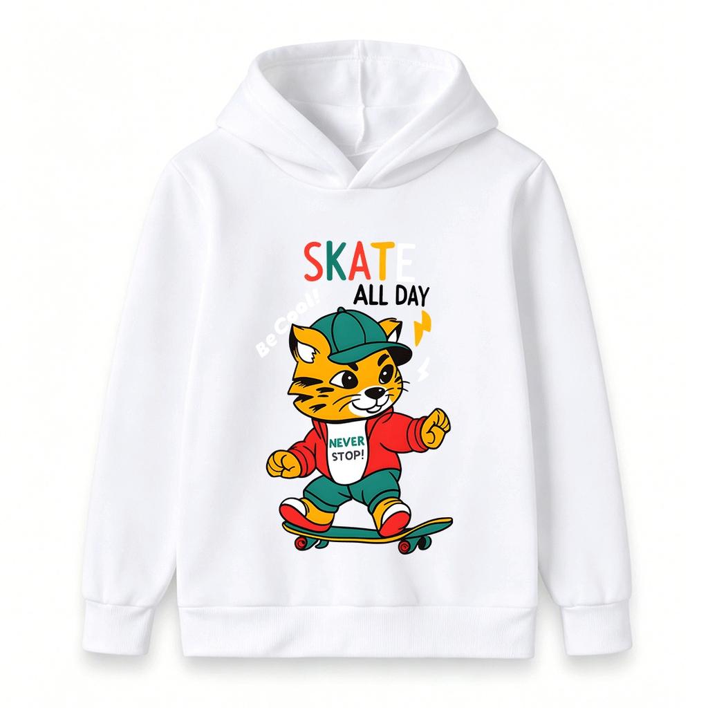 Kids Boys Girls Hoodie, Cool Cartoon Skater Tiger Print Long Sleeve Pullover Sweatshirt, Casual Skate All Day Never Stop Pattern Top Children