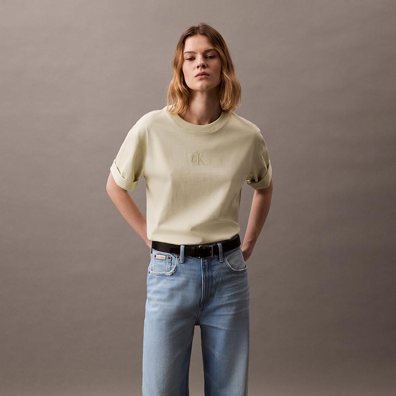 Calvin Klein Модная повседневная многослойная футболка с надписью из хлопка свободного кроя с коротким рукавом для женщин, цвет морской волны 47AB818