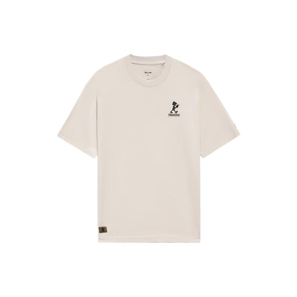 Li-Ning X Disney Pinocchio Series, Повседневная свободная футболка с ручным рисунком и короткими рукавами, мужские топы, белый песочно-серый AHSS451-1