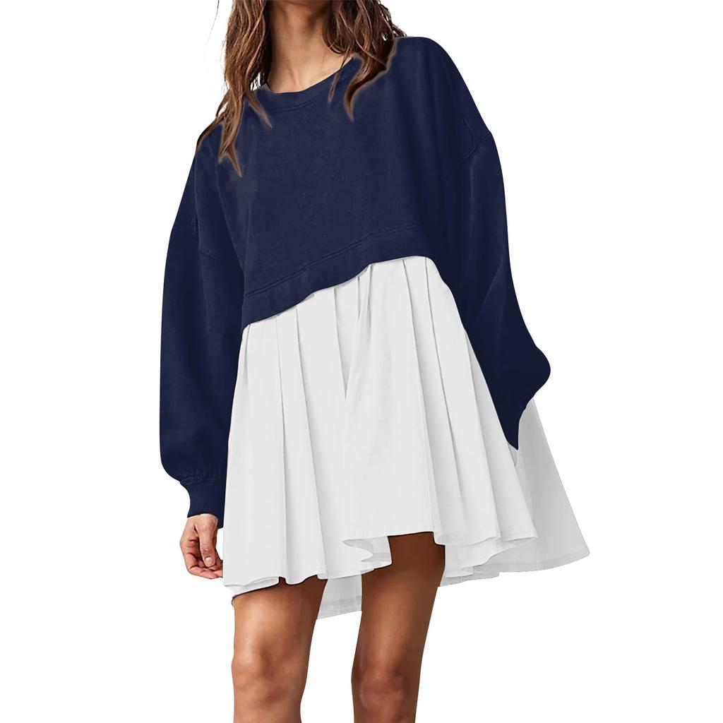 Женское платье-толстовка большого размера с длинным рукавом в стиле пэчворк, пуловер, топы, платье-толстовка