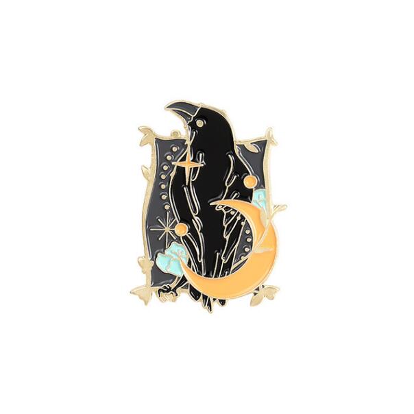Punk Gothic Crow Raven Enamel Pins Bird Feather Moon Flowers Brooches Bag Lapel Badge  Fashion Jewelry Gift for Friends Kids
