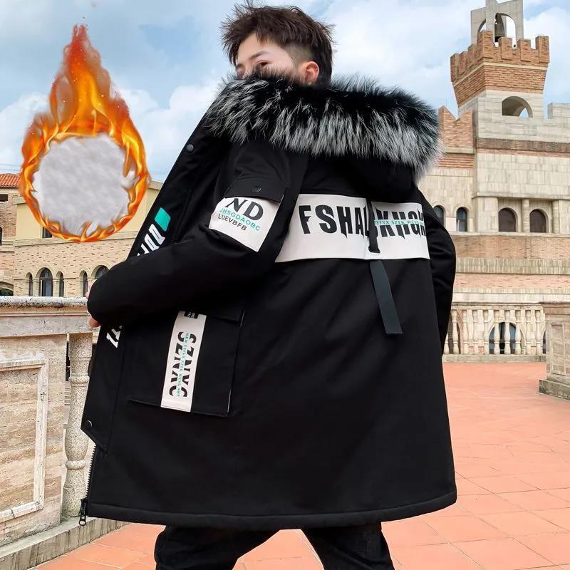 Пуховик с большим меховым воротником, мужская зимняя утолщенная хлопковая куртка, верхняя одежда средней длины с капюшоном, повседневная куртка, теплые пуховые пальто на дикой молнии
