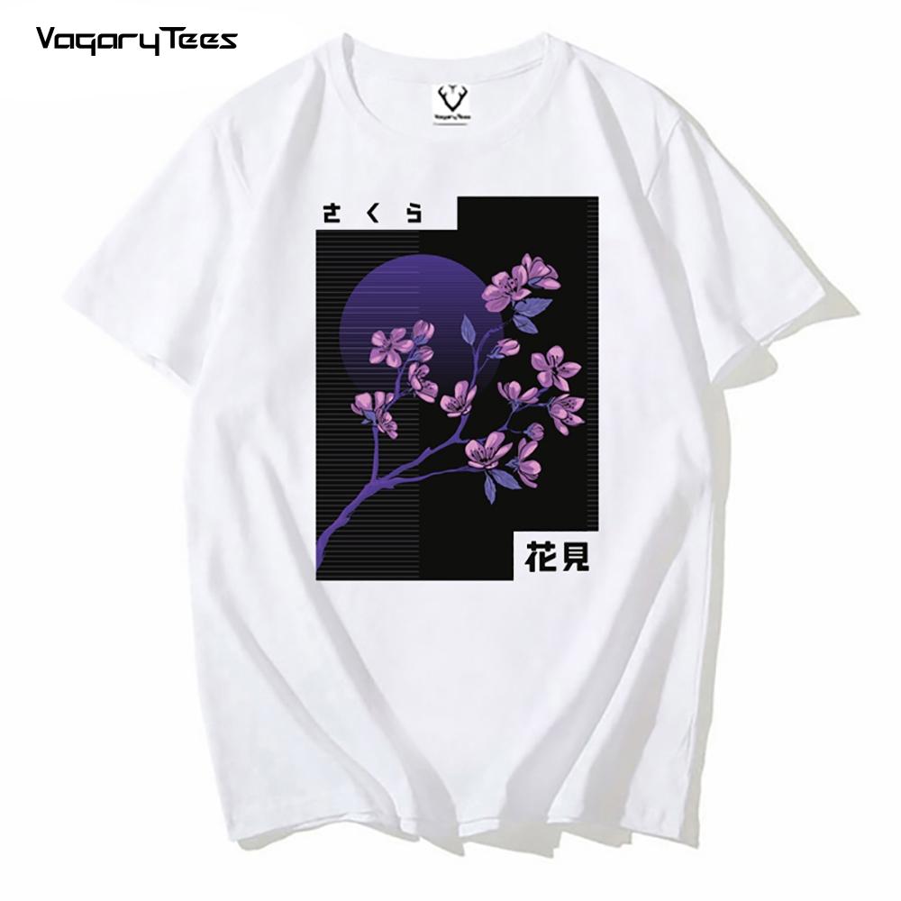 Japan Fashion T Shirts Men Japanese Vapor Wave Cherry Blossom Print Men Tshirt Shirt Clothes O-Neck Streetwear Tee
