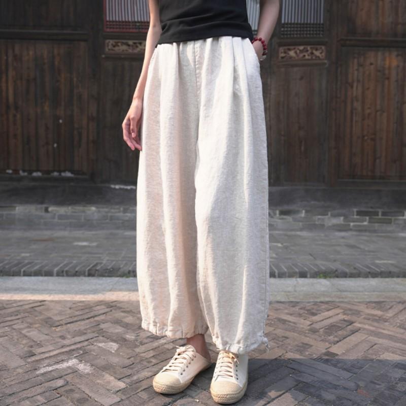 Johnature Женские прямые брюки из хлопка и льна, однотонные осенние брюки с эластичной резинкой на талии и карманами, винтажные брюки до щиколотки