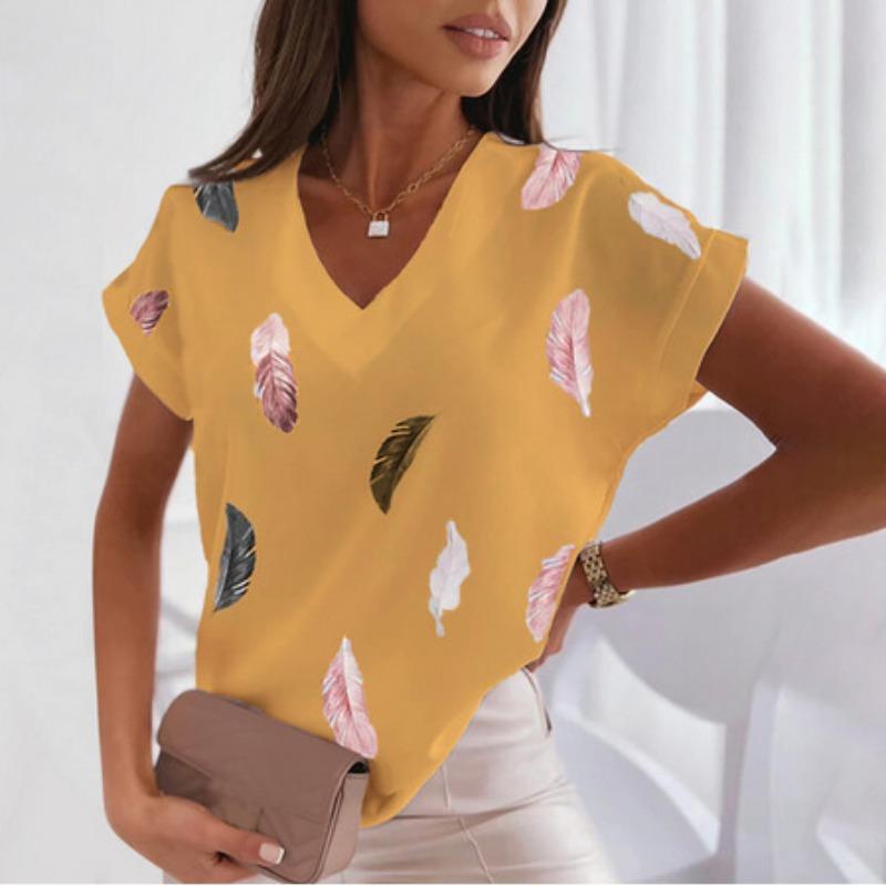 Feather 3D Printed T-shirts V-neck Short Sleeved Women's T-shirts