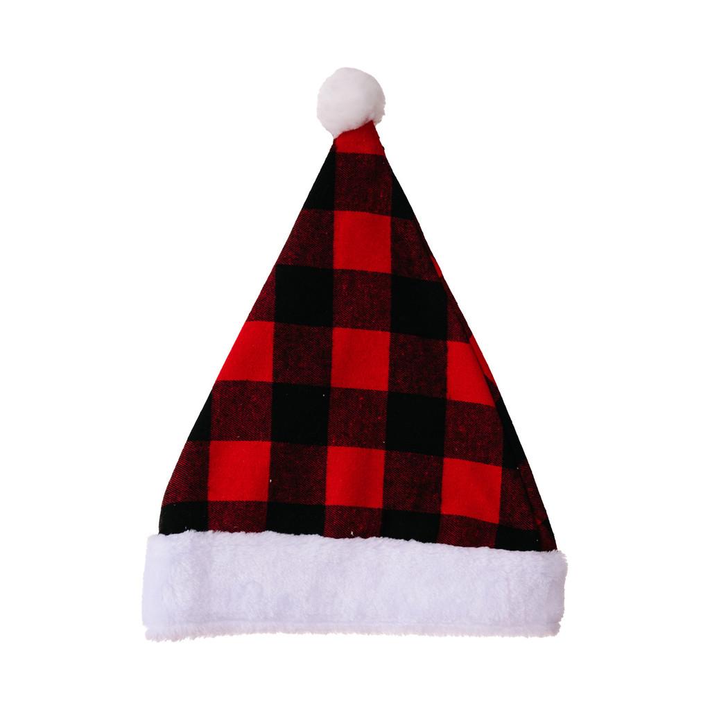 Cozy Red And Black Plaid Christmas Hat With Soft White Fur Pom Poms For Festive Cheer