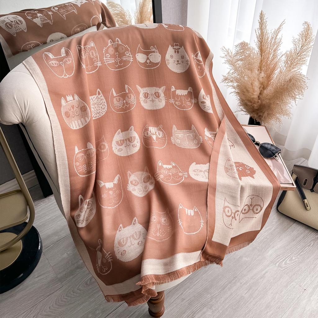 Funny Kitten Cat Head Cute Print Fashion Tencel Cotton Women'S Sunscreen Scarf Double-Sided Shawl