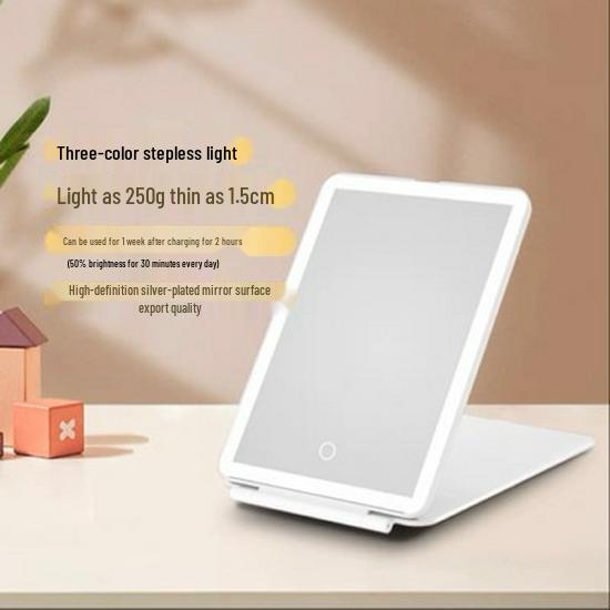 Портативное светодиодное зеркало для макияжа с трехцветной подсветкой, сенсорным управлением и плавной регулировкой яркости