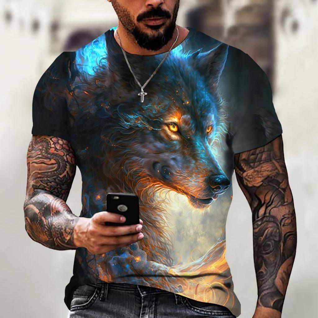 Summer Round Neck 3D Wolf Print Top Fashionable Casual Short Sleeved Men's T-shirts