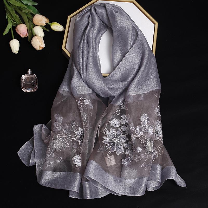 Luxury Silk Shawl Scarf for Women Design Embroidery Flowers Hijab Wraps Bufandas Female Headkerchief Fouloud Echarpe