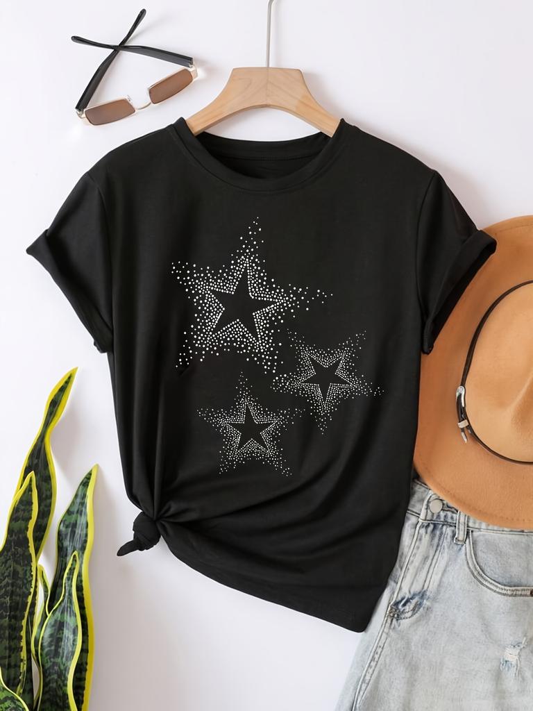 Women's Casual Short Sleeve T-Shirt - Black with White Star Print Round Neck Top for Spring & Summer Machine Washable
