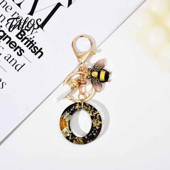 Talos Black Series Keychain Pendant, Dried Flower Initial Letter Charm Key Chain with Bee Tassel Design, A-Z Holder for Bag Purse Backpack