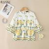 ZANZEA Women Casual Round Neck 3/4 Sleeve Floral Loose Blouse